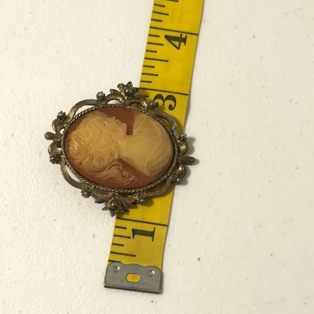 VTG Brooch Pendant Cameo Victorian French Lady Carved Bakelite Celluloid 3” L